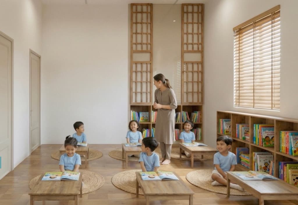 Japanese-style classroom with students and teacher