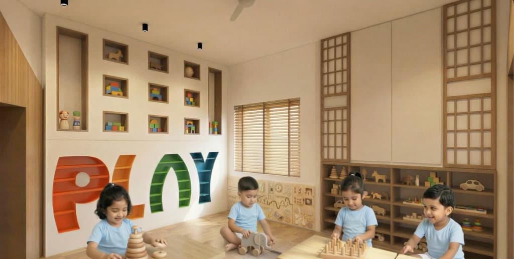 Modern indoor play area with wooden toys and Japanese-inspired design